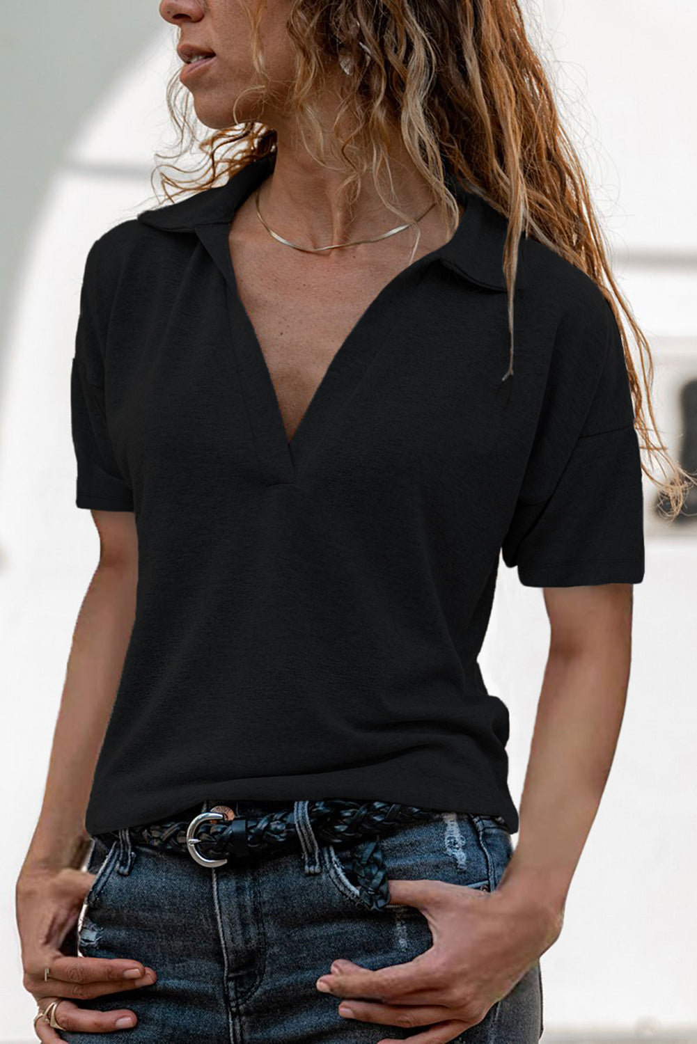 Collared V Neck Drop Sleeves T-shirt