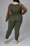 Olive Green Casual Leopard Split Joint O Neck Plus Size Two Pieces