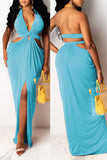 Summer dress women's solid color deep V-neck halter cut and floor long skirt