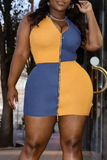 Blue Sexy Solid Split Joint Turndown Collar Pencil Skirt Plus Size Dresses