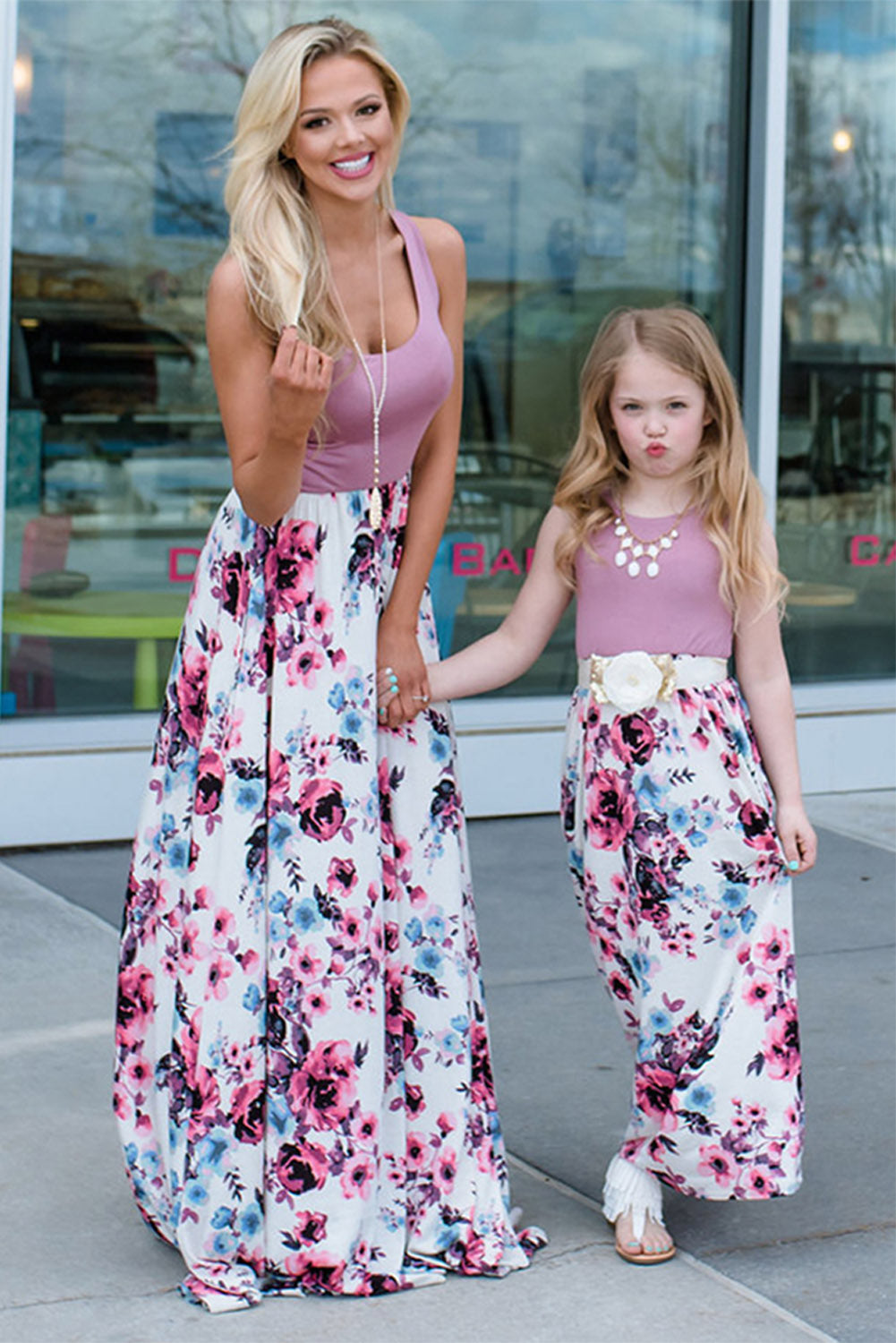 Mom and Daughter Matching Sleeveless Floral Print Adult Maxi Dress