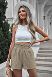 Army Green Paperbag Waist Flare Casual Shorts with Pockets