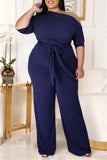 Dark Blue Fashion Casual Solid Backless With Belt Oblique Collar Plus Size Jumpsuits