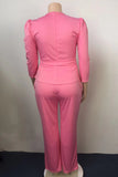 Pink Casual Solid Bandage Split Joint O Neck Plus Size Two Pieces