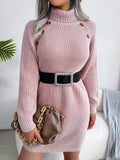 decorative knit button turtleneck sweater dress