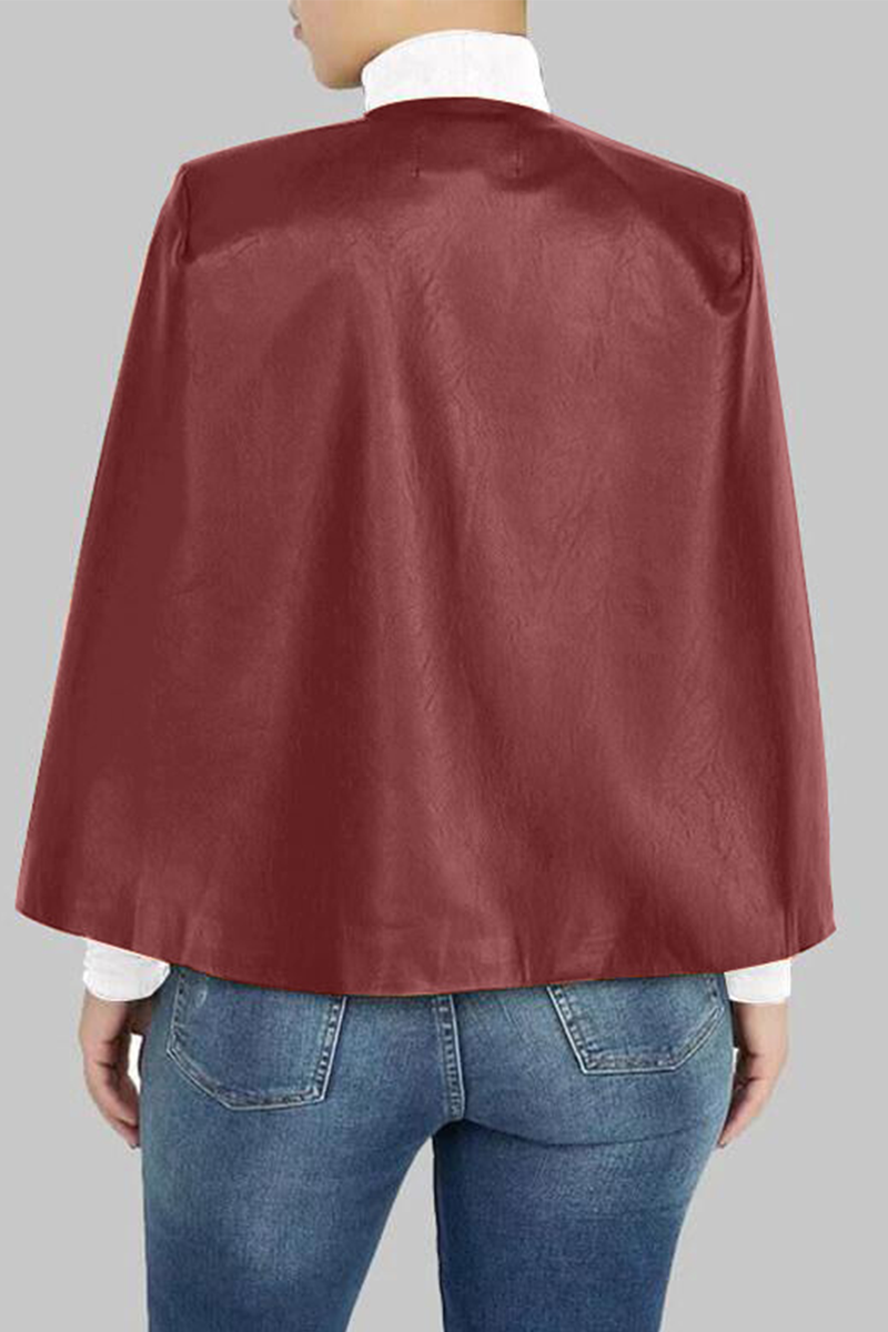 Burgundy Casual Solid Split Joint Turtleneck Tops (fake two pieces)