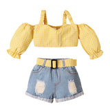 off shoulder strap crop tops and with belt denim ripped hole shorts