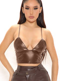 faux leather strap camis v neck backless crop top