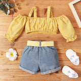 off shoulder strap crop tops and with belt denim ripped hole shorts