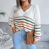 striped v neck lantern sleeve sweater