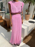 pleated o neck shoulder pads tank top and maxi skirt