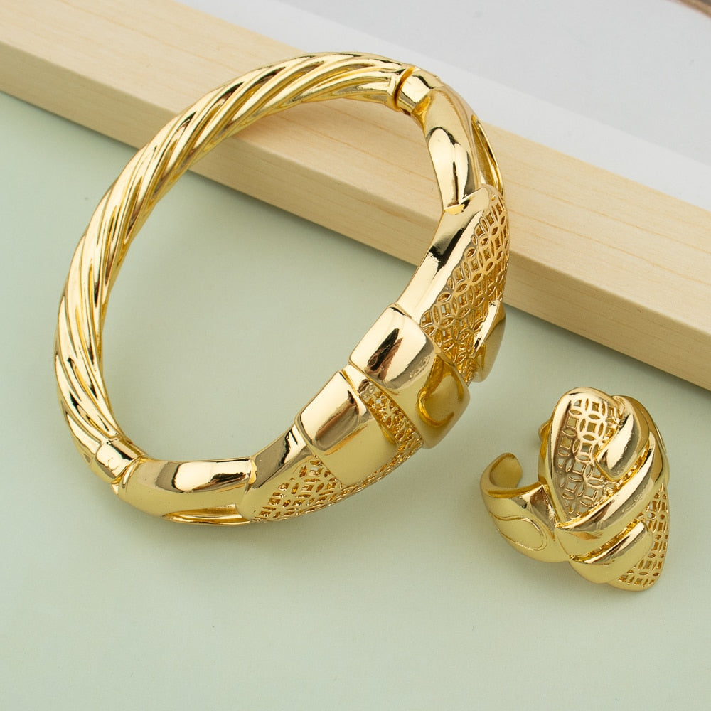 18k gold plated cuff bangle with ring jewelry set