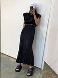 pleated o neck shoulder pads tank top and maxi skirt