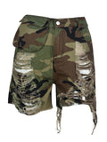 camouflage raw tassel zipper ripped hipster shorts