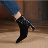 pointed toe high square heel velvet with faux leather ankle boots