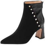 pointed toe high square heel velvet with faux leather ankle boots