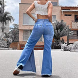 high waist casual denim ripped hole flared jeans