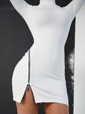 zipper asymmetrical round neck long sleeve dress
