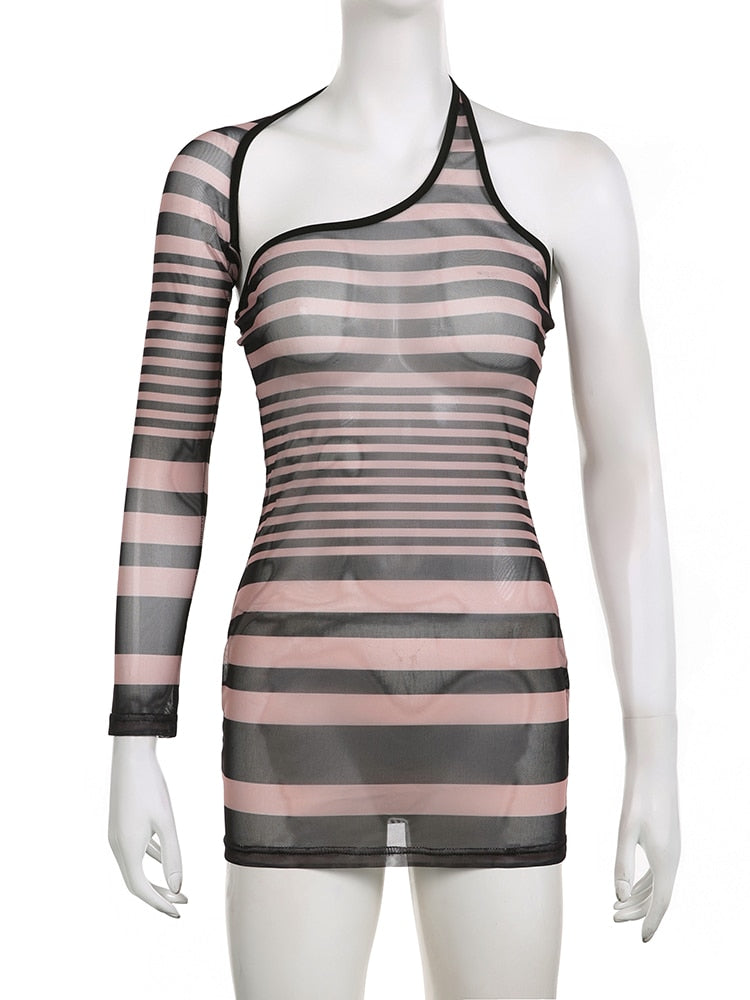striped print one shoulder transparent mini dress