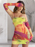 tie dye colorful print spaghetti strap mini bodycon dress