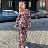 mesh tie dye zebra stripes flare sleeve maxi dress