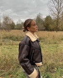 faux leather thick sheepskin stand collar jacket