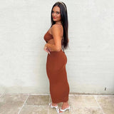halter ribbed lace up cut out maxi dress