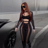 mesh patchwork hollow out long sleeves slim jumpsuit
