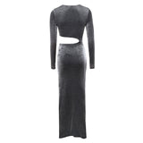 ruched silver sparkly waist cut out maxi dress