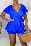 Blue Sexy Solid Bandage Split Joint Backless Flounce V Neck Straight Jumpsuits