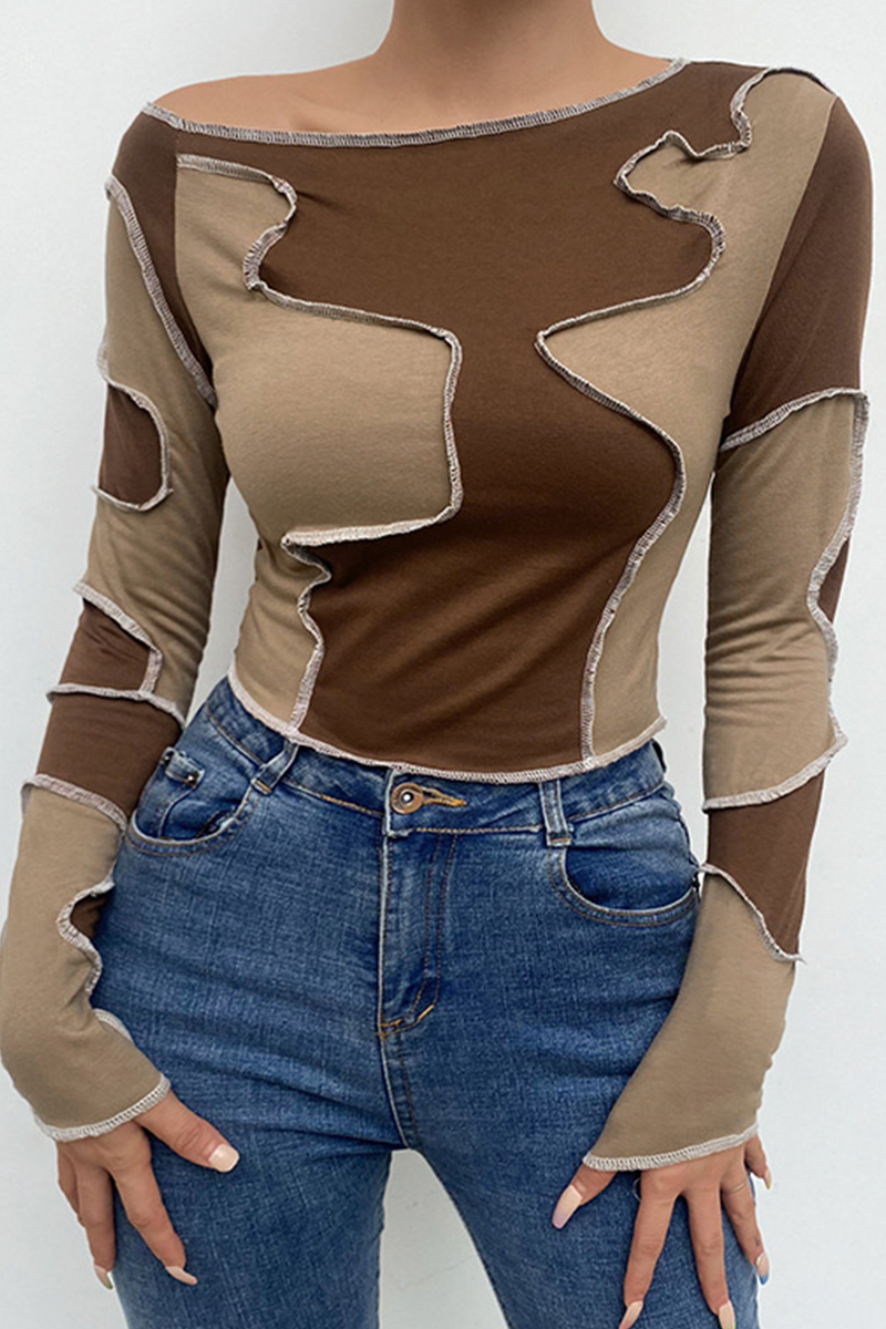 Brown Sexy Solid Split Joint One Shoulder Tops