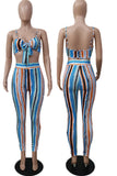 Blue Sexy Casual Striped Print Split Joint Backless Knotted Spaghetti Strap Sleeveless Two Pieces