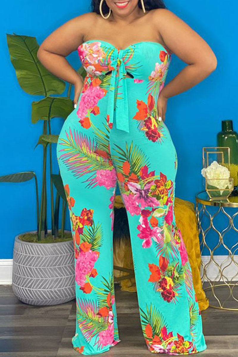 Fluorescent Green Sexy Print Hollowed Out Asymmetrical Strapless Plus Size Jumpsuits