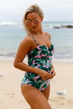 2pcs Green Leaf Print Pink Flounce Tankini Swimsuit