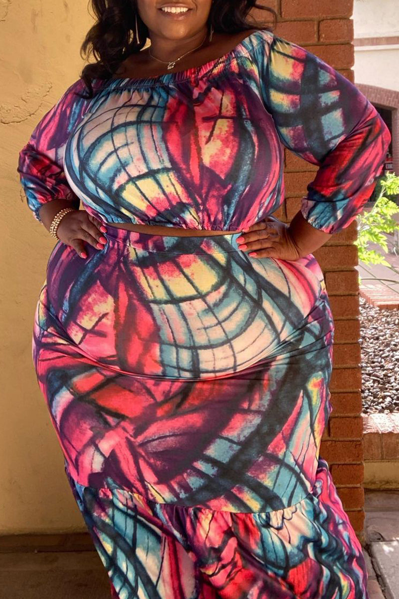 Plus Size Casual Print Patchwork Off the Shoulder Straight Plus Size Two Pieces