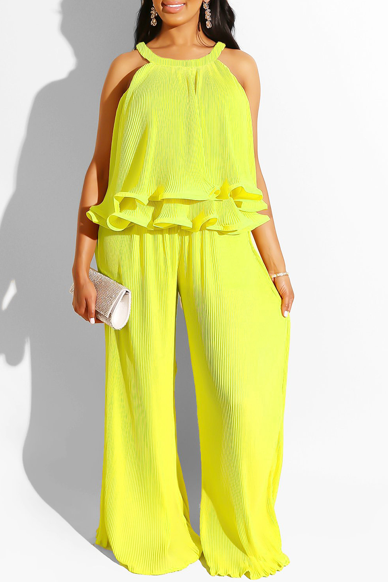 Yellow Sexy Solid Flounce Sleeveless Two Pieces