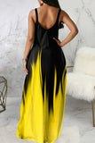 Black Yellow Sexy Gradual Change Print Split Joint U Neck Sling Dress Dresses