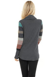 Cowl Neck Knit Top With Multi Color Striped Sleeves