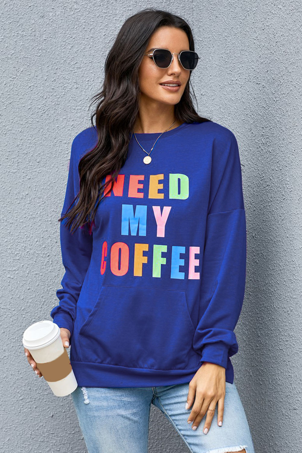 Need My Coffee Pocketed Pullover Navy Sweatshirt