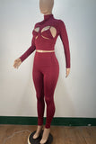 Burgundy Sexy Solid Hollowed Out Split Joint Half A Turtleneck Long Sleeve Two Pieces