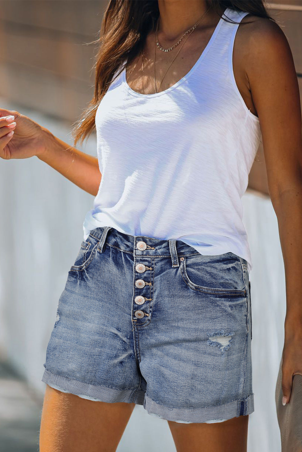 High Rise Button Fly Distressed Denim Shorts