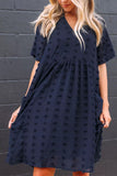 Dark V Neck Pompom Babydoll Style Short Sleeves Flowy Mini Dress