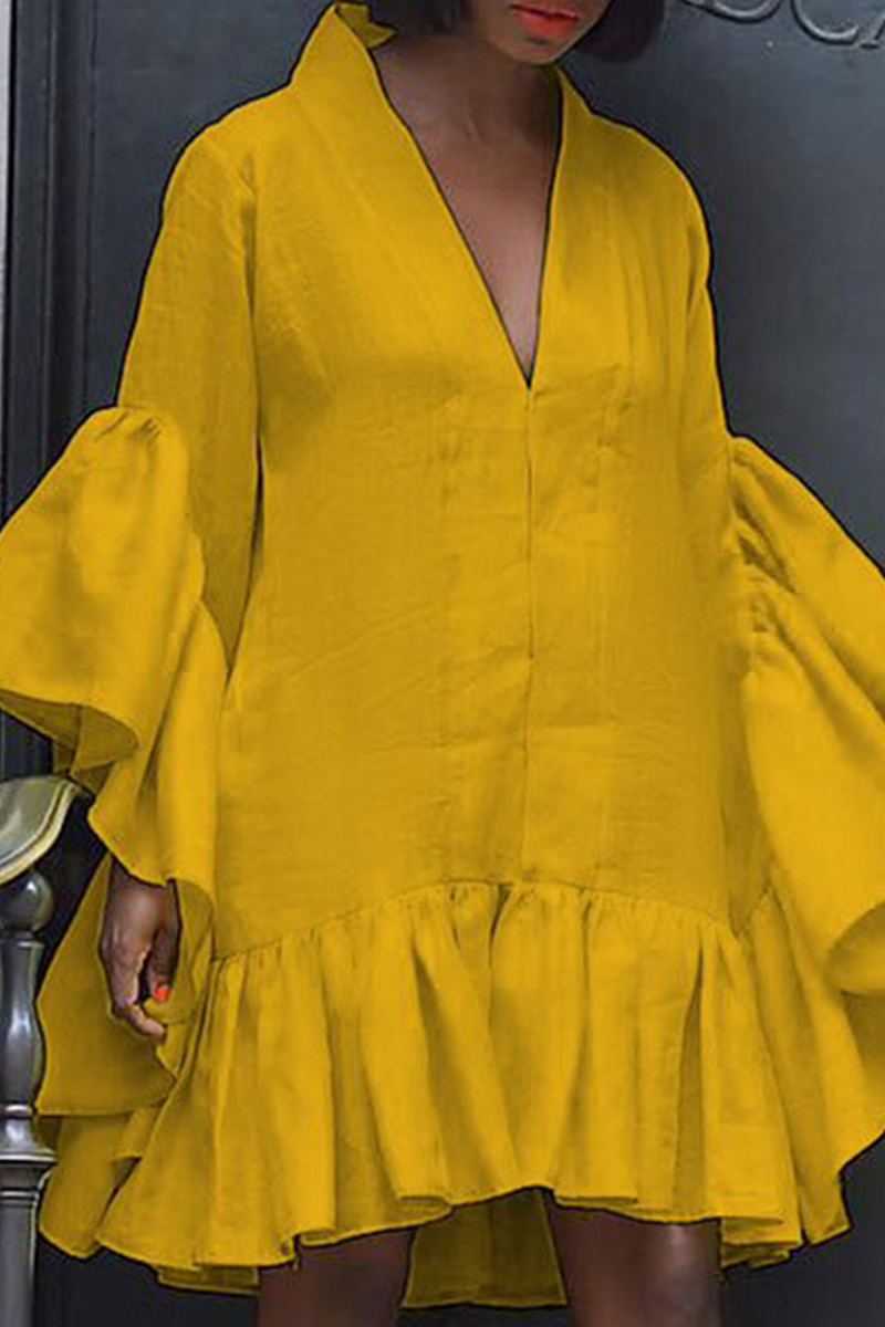Yellow Casual Solid Split Joint V Neck Cake Skirt Dresses