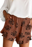 Khaki Palm Tree Leaves Print Elastic Waist Shorts with Pocket