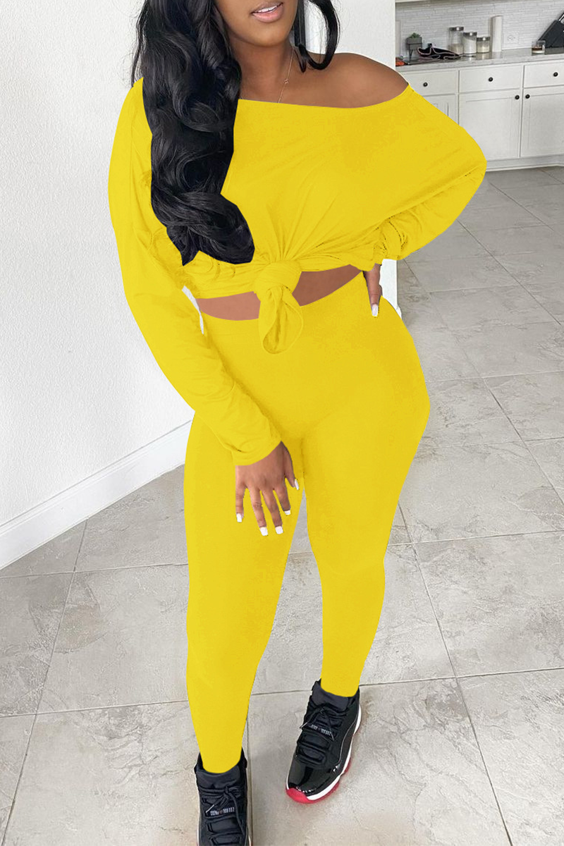 Yellow Sexy Solid Split Joint One Shoulder Long Sleeve Two Pieces