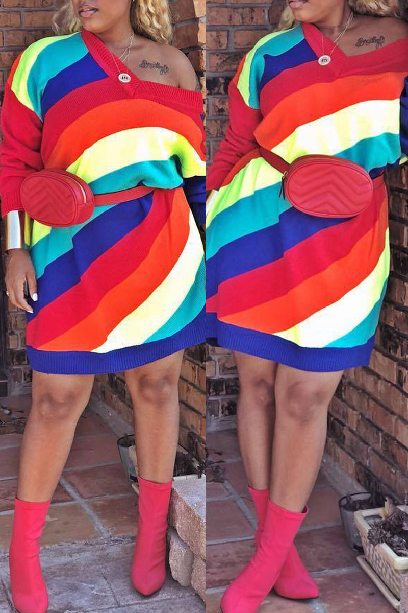 Multicolor Fashion Casual Striped Print Split Joint V Neck Long Sleeve Dresses
