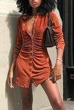 Tangerine Red Casual Solid Split Joint Buckle Turndown Collar Shirt Dress Dresses