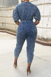Blue Casual Solid Split Joint O Neck Harlan Jumpsuits