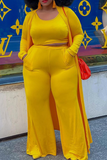 Yellow Casual Solid Split Joint O Neck Plus Size Three Pieces