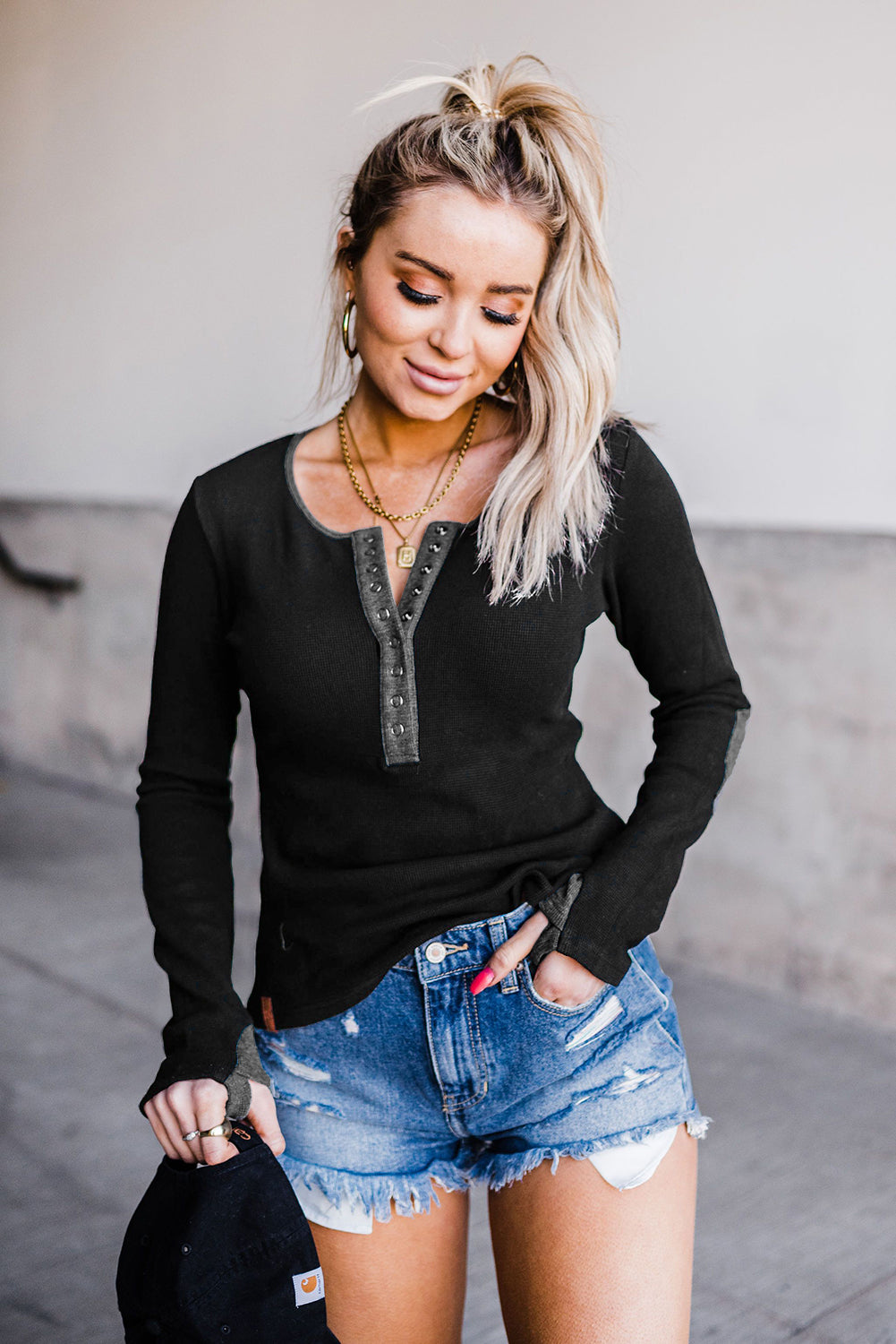 Contrast Elbow Patch Black Long Sleeve Top